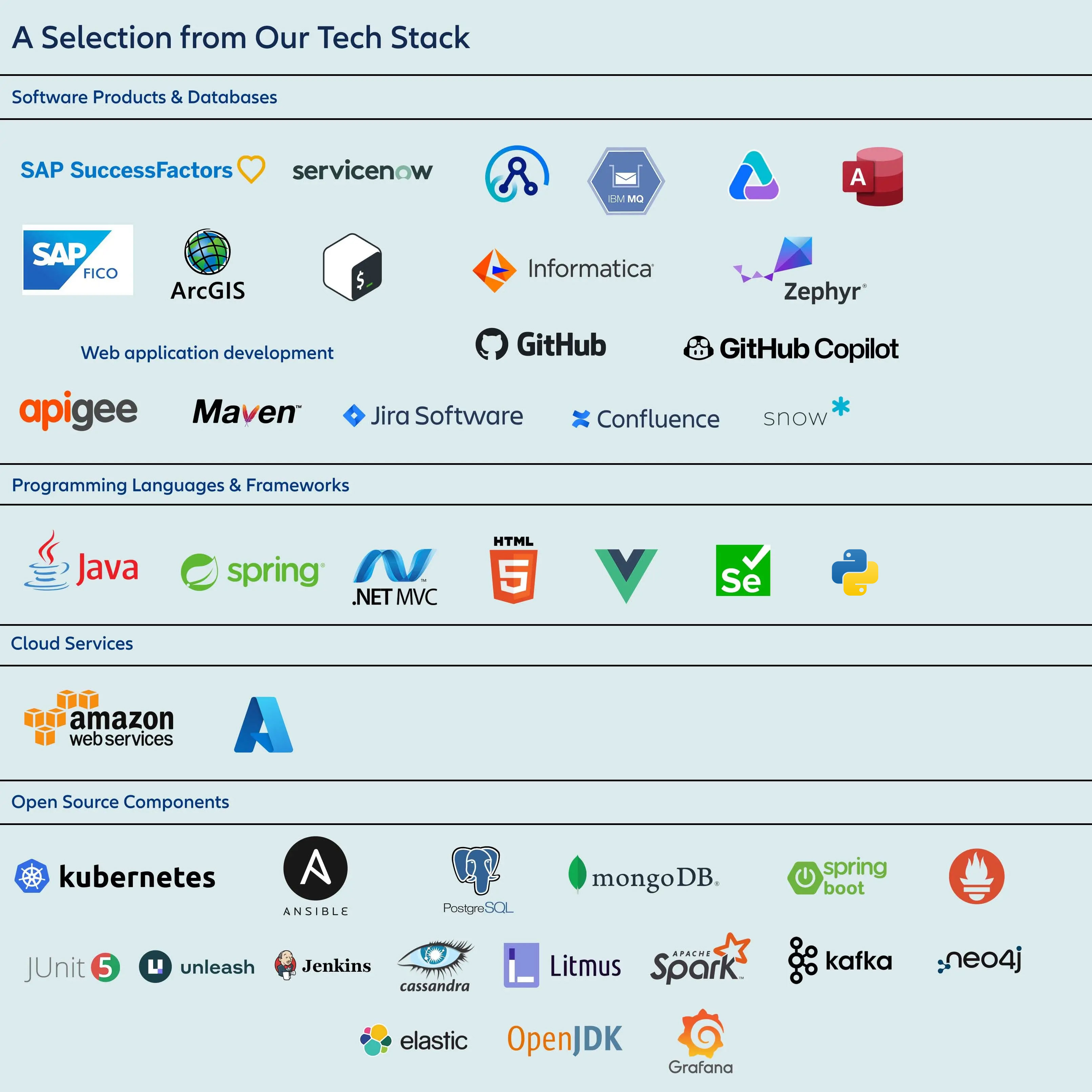 Overview of our tech stack, including software products, web development tools, programming languages, cloud services, and open‑source technologies.
