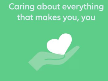 Icon of a hand holding heart in a green background with text "Caring about everything that makes you, you"