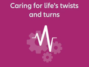 ECG shaped arrow over three subtle settings icon behind it in a dark pink background. Text:"Caring for life's twists and turns"