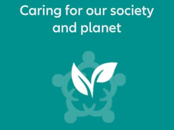 Eco-friendly leaves over a connected community symbol with text: 'Caring for society & planet.