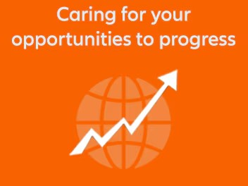 Progress arrow with a transparent globe backdrop and text: 'Caring for your opportunities to progress.