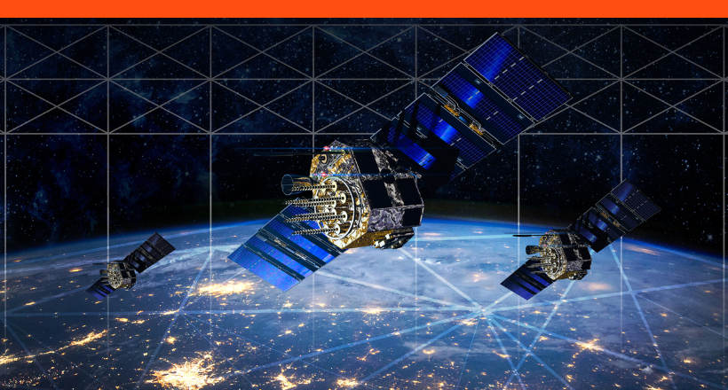 Three satellites floating in space.