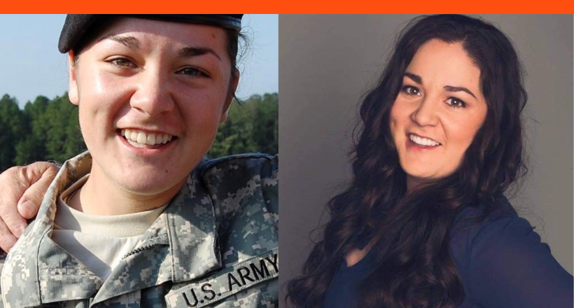 Two photos of Kenady, a project manager for BAE Systems intelligence and security sector. (left) Kenady in her U.S. Army uniform/ (right) Kenady in a corporate headshot. 