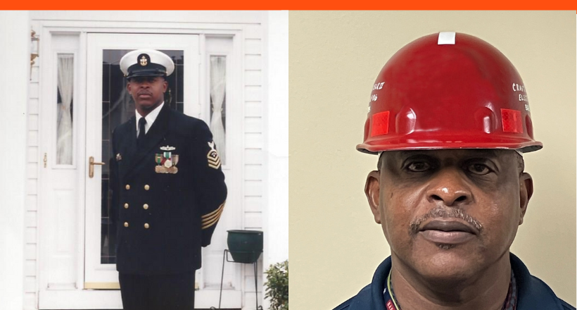 Two photos of Frank, a marine electrician for BAE System. (left) Frank in his U.S. Navy uniform/ (right) Frank in posing for a photo at Norfolk Ship Repair site. 