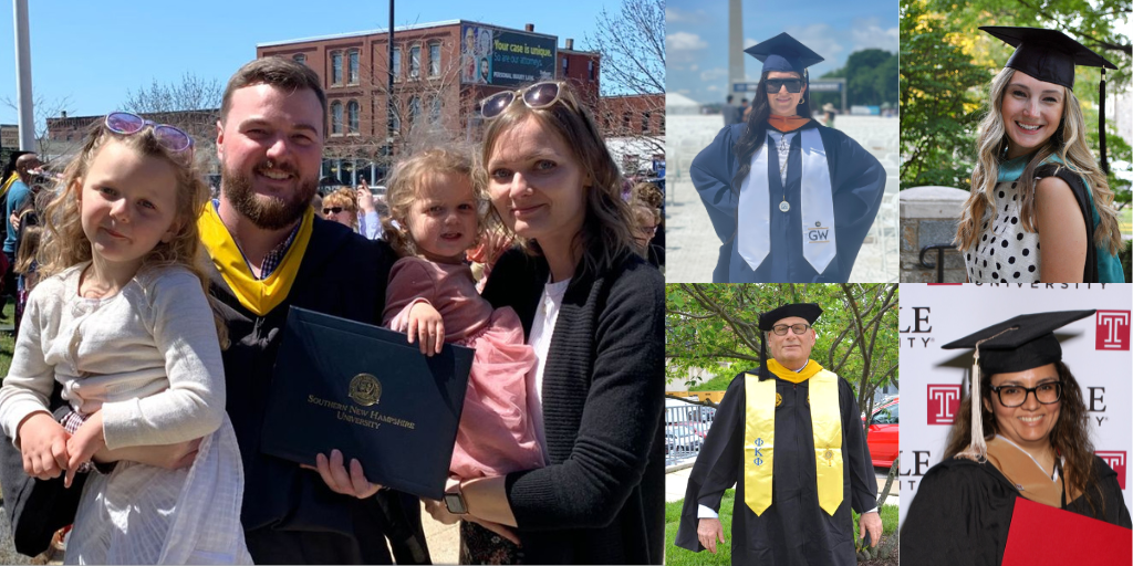 A collage of five BAE Systems employees who have used the company's' tuition reimbursement benefit to help them earn a degree.