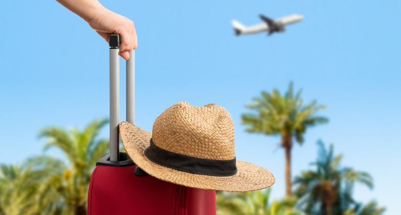 Person holding a suitcase looking at a plane before they go on vacation.