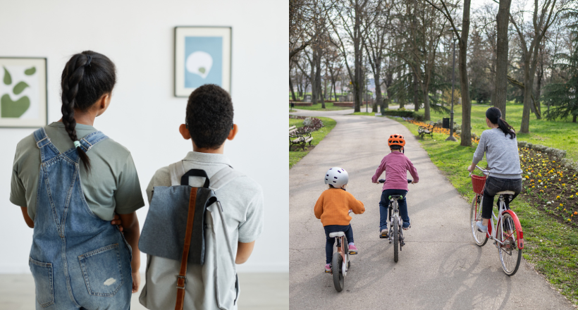 Two images, left two children view art in a museum. Right, a mom and her two children ride bikes in a park.