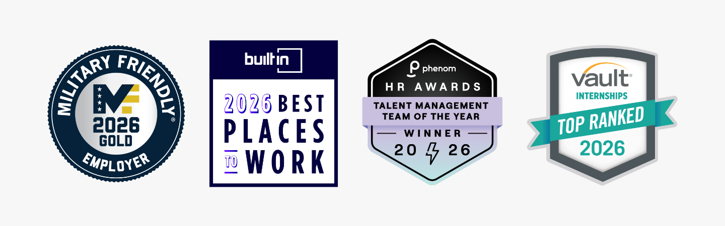 A row of four 2026 award badges recognizing employer excellence: Military Friendly Gold Employer, Built In Best Places to Work, Phenom HR Awards Talent Management Team of the Year Winner, and Vault Top Ranked Internships.