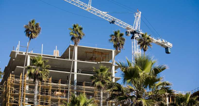 Buidling a high rise in an area with palm trees.