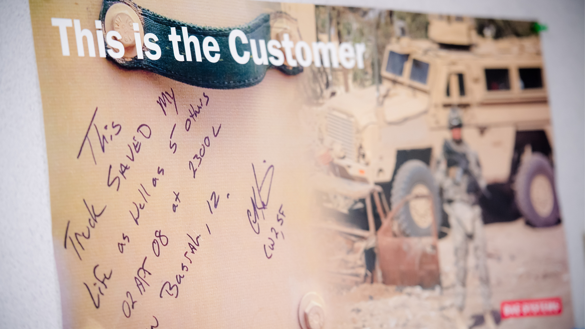 Poster hanging in the York, PA office showing a thank you note from a military service member reading, "This truck saved my life as well as 5 others April 2, 2008."