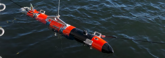 Riptide TM, an unmanned undersea vehicle designed by BAE Systems innovators, floats in the water.