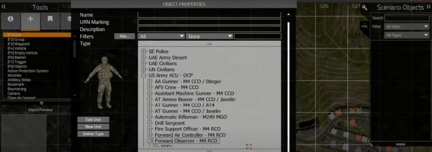 A computer screen depicting an interface in which a user can simulate advanced military situations digitally. 