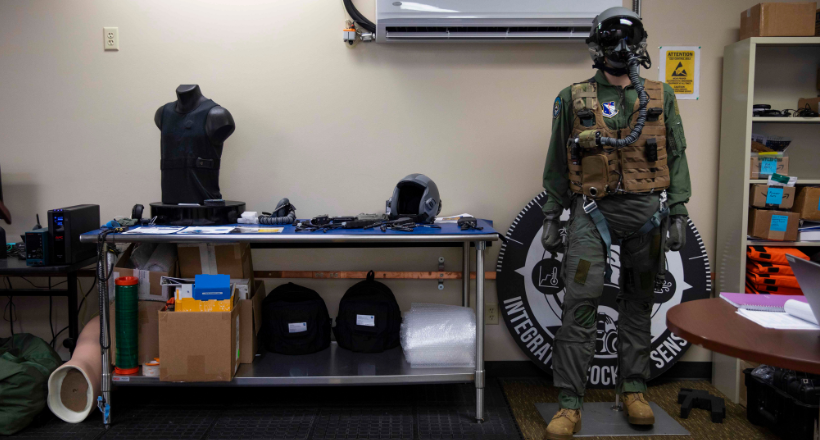 A mannequin wearing air force gear in efforts for integrated cockpit sensing testing. 