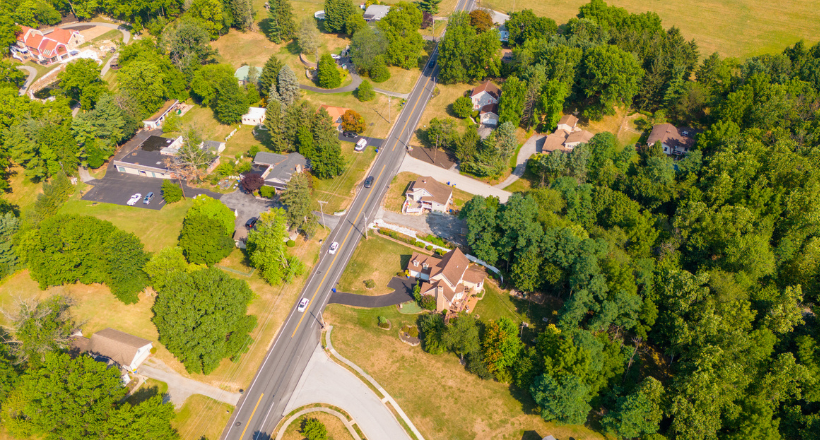 Overhead view of neighborhood in Pennsylvania. 
