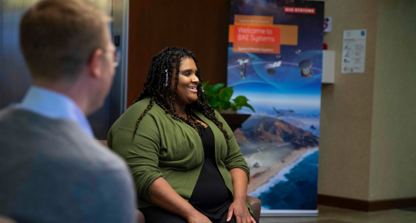 BAE Systems employees in the lobby of the Dayton facility. 