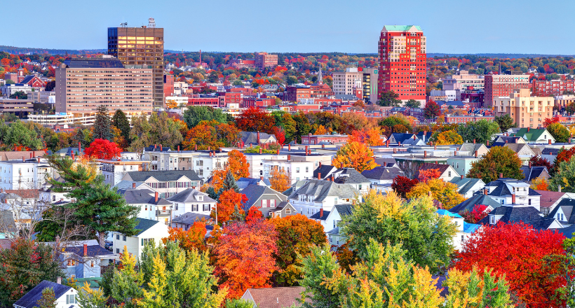 A skyline photo in Autumn in Manchester, New Hampshire.