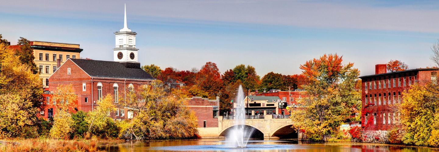 A fountain in the middle of a lake in Nashua, New Hampshire.