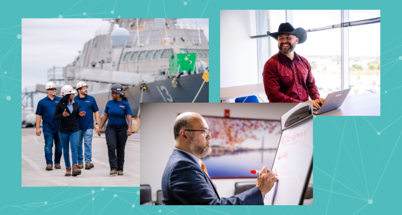 Three different photos of BAE Systems employees. Left, employees walk through the Jacksonville ship yard. Middle, a program manager writes on the white board. Right, a software engineer works on his laptop. 