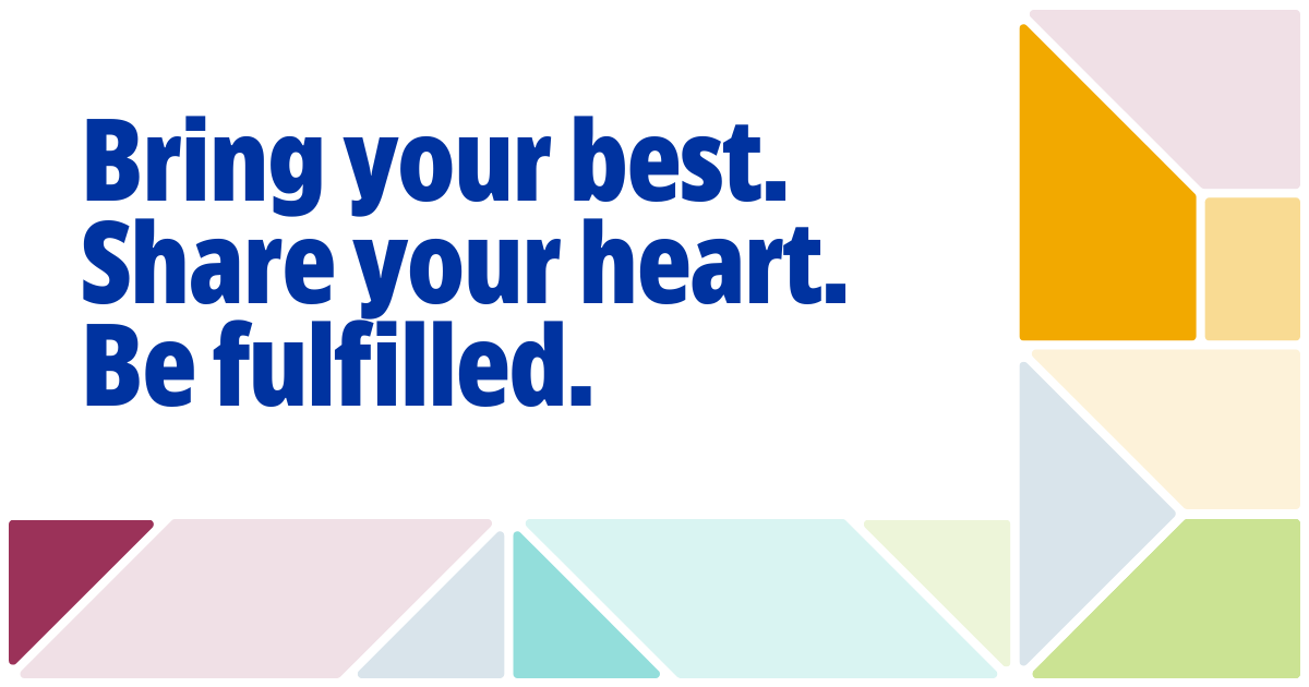 Bring your best. Share your heart. Be fulfilled. in blue on a white background with multicolored stained glass around the outside.