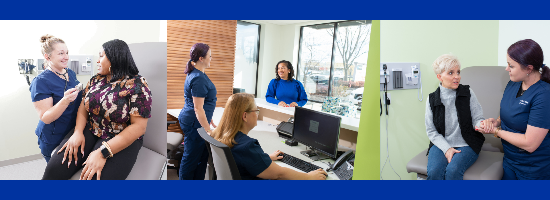 Collage of health care professionals treating patients and checking patients into the medical office