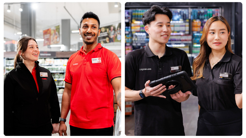 Two images side by side, the image to the right shows a male and female Coles supermarket employee working in a aisle of the supermarket. The image to the right shows two Liquorland team members working in-store 