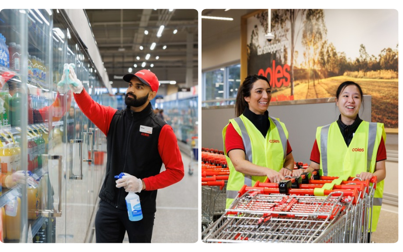 Coles team members cleaning refrigerated displays and preparing shopping trolleys in store.