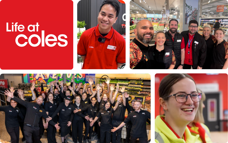Collage showcasing Coles team members in-store and the Life at Coles logo, featuring staff in uniforms across different store environments.