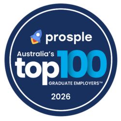 Dark blue circular badge showing ‘Prosple Australia’s Top 100 Graduate Employers 2026