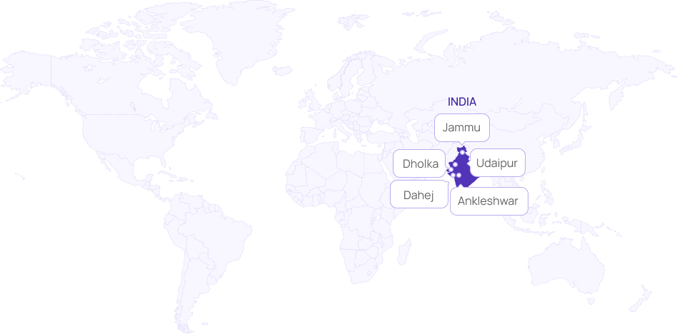 India manufacturing facilities map showing Jammu, Udaipur, Ankleshwar, Dahej, and Dholka