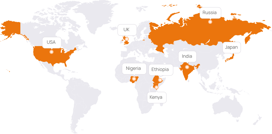 Global presence world map showing offices in USA, UK, Nigeria, Ethiopia, Kenya, Russia, India, and Japan