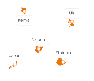 Office maps for Kenya, UK, Nigeria, Japan, and Ethiopia