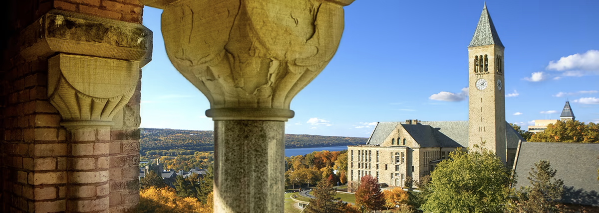 View of McGraw tower & Cayuga lake from law school tower on sunny day