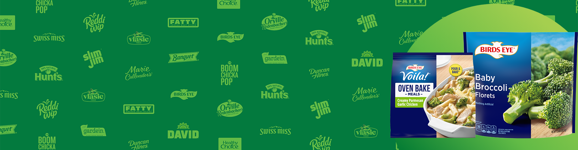 Two packages of Birds Eye on a green logo background