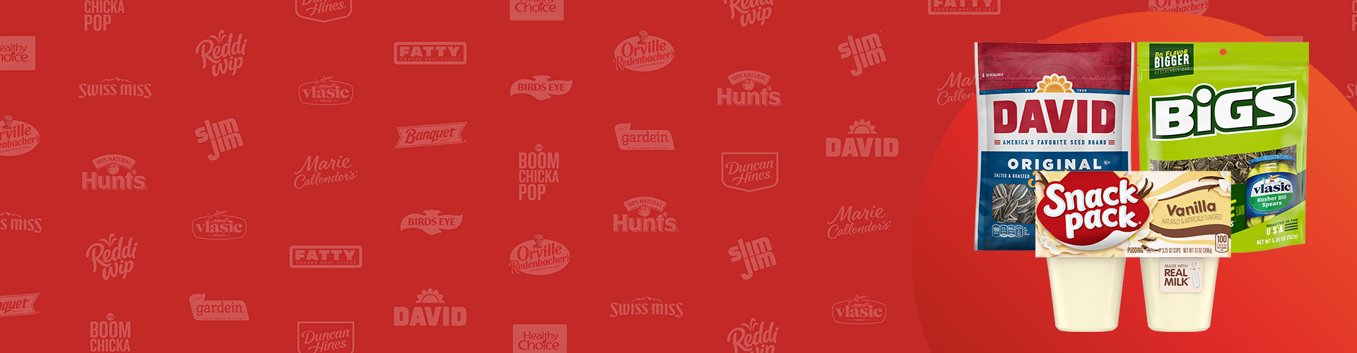 Red banner featuring David Seeds, BIGS seeds and Snack pack pudding cups