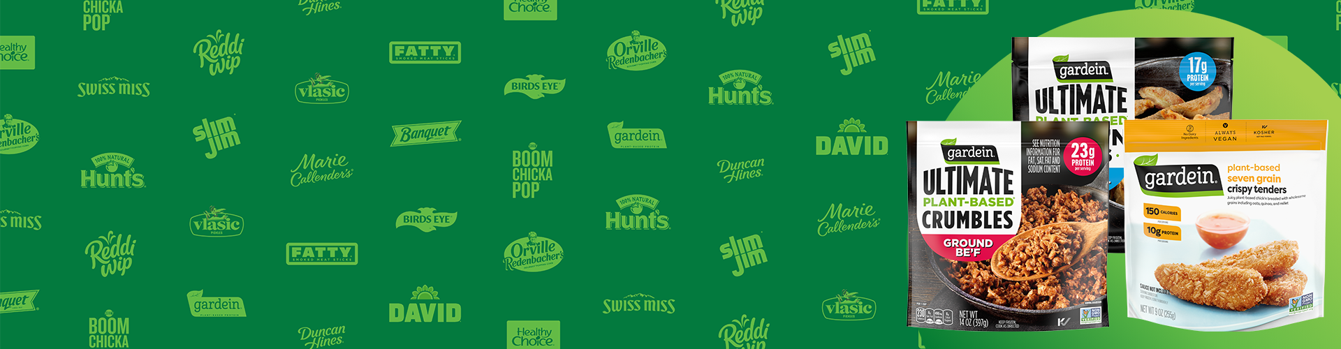 Green banner featuring Gardein product packaging