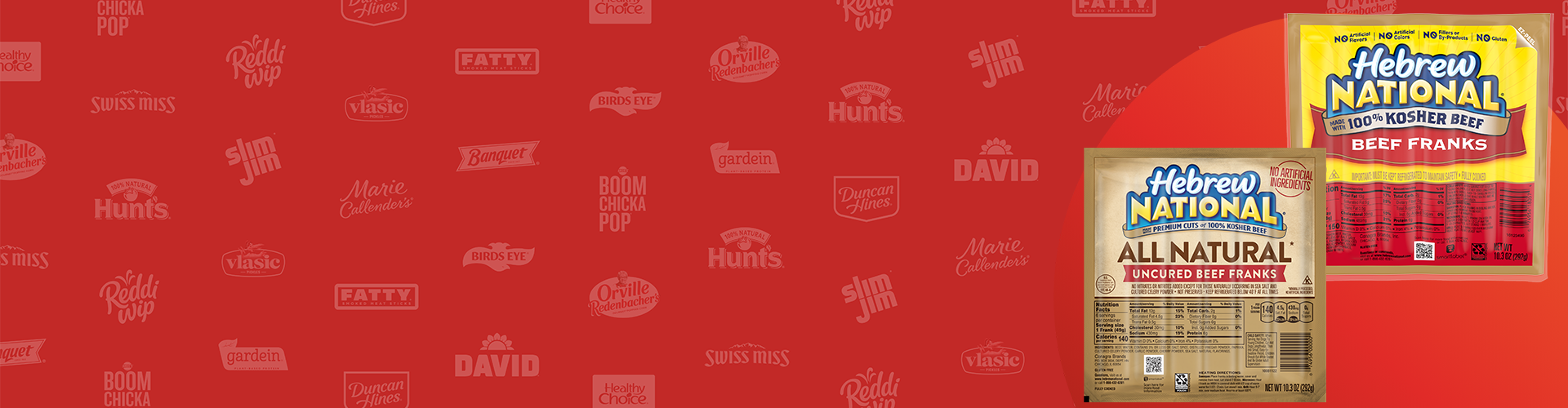 Red banner featuring Hebrew National hot dog products
