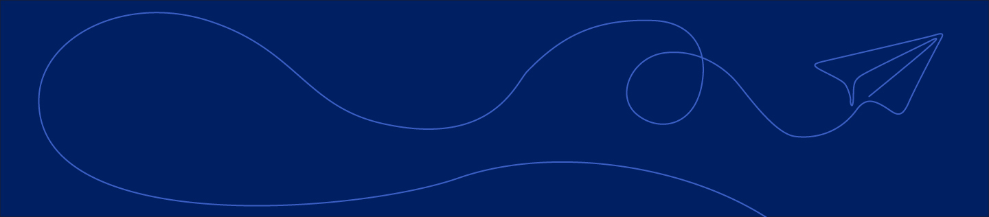 A minimalist illustration on a dark blue background showing a paper airplane drawn with a single, continuous light blue line. The line extends from the plane to form a long, wavy flight path across the banner.
