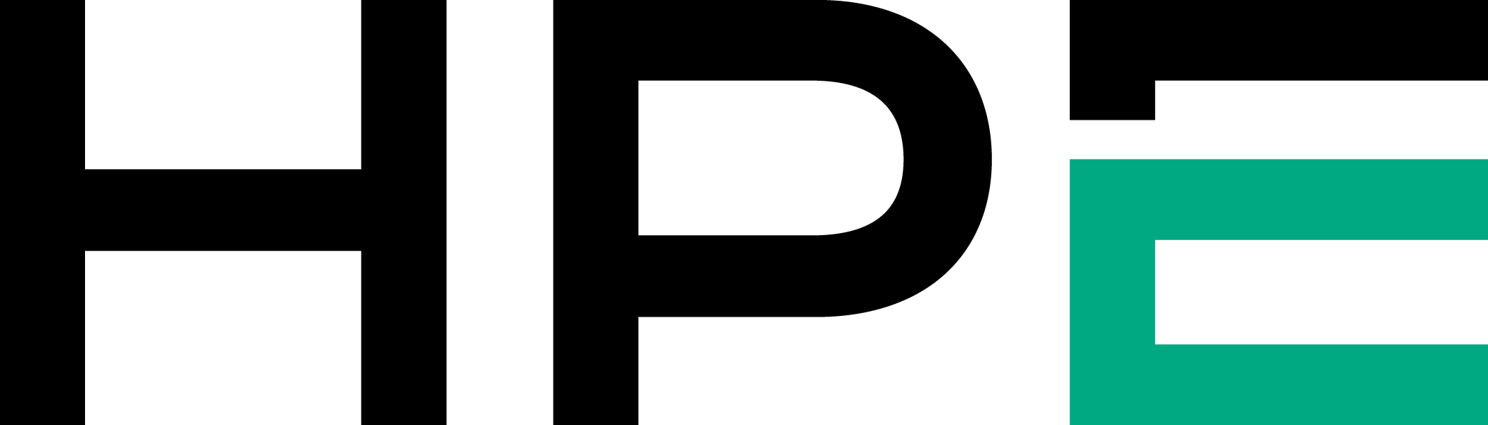 Close-up of the Hewlett Packard Enterprise (HPE) logo, showing bold black letters "H", "P", and part of a stylized green "E" on a white background.