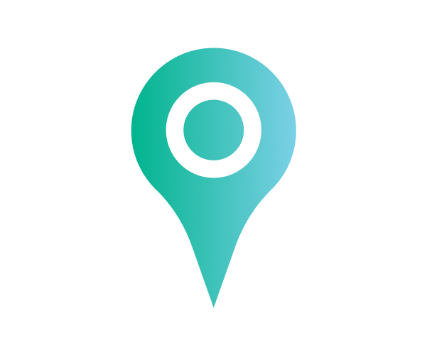 A teal map location pin icon with a circular center on a light gray background.