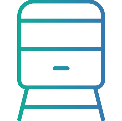 A simple, stylized line drawing of a two-drawer nightstand or small cabinet with four angled legs, created with a blue-to-green gradient outline on a white background.