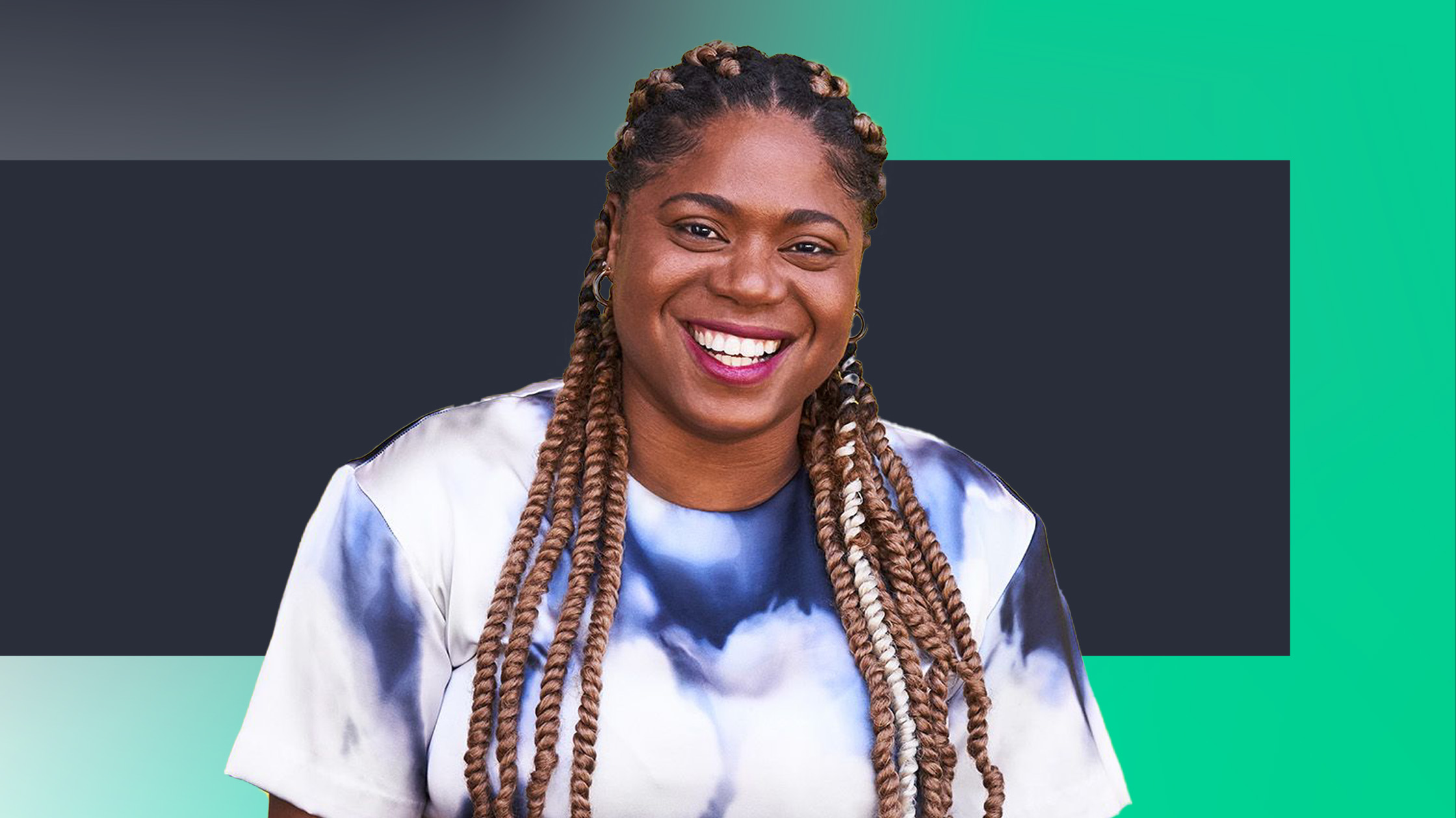 A woman with long braids smiles brightly at the camera, wearing a white and dark blue patterned top, standing against a background with dark and teal green gradient colors.