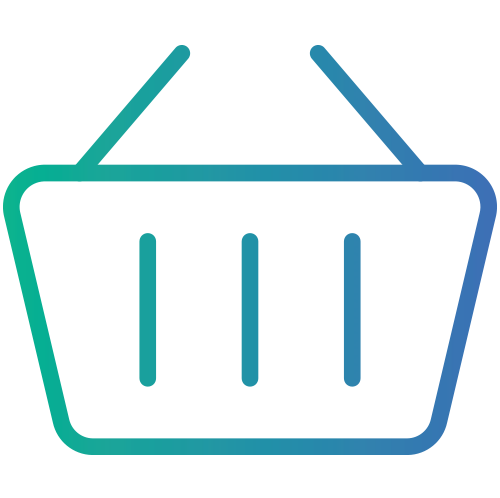 Simple line drawing of a shopping basket with two handles and three vertical lines on the front, depicted in a blue and green gradient.