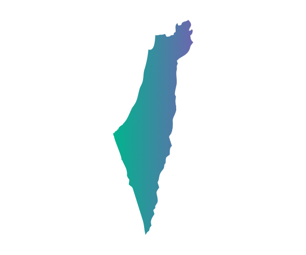 A gradient silhouette map of Israel, with blue and green colors blending from top to bottom, displayed on a light gray background.