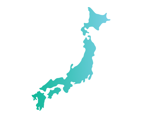 A simplified, blue-green gradient silhouette map of Japan on a light gray background.