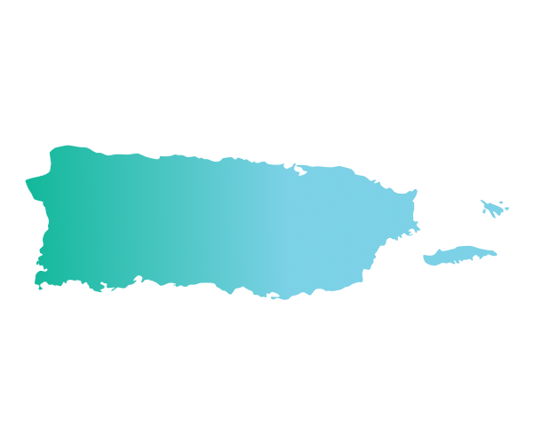 A gradient blue and green silhouette map of Puerto Rico, including its smaller surrounding islands, on a light gray background.