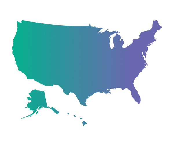 A gradient blue and green silhouette map of the United States, including Alaska and Hawaii, on a light gray background.