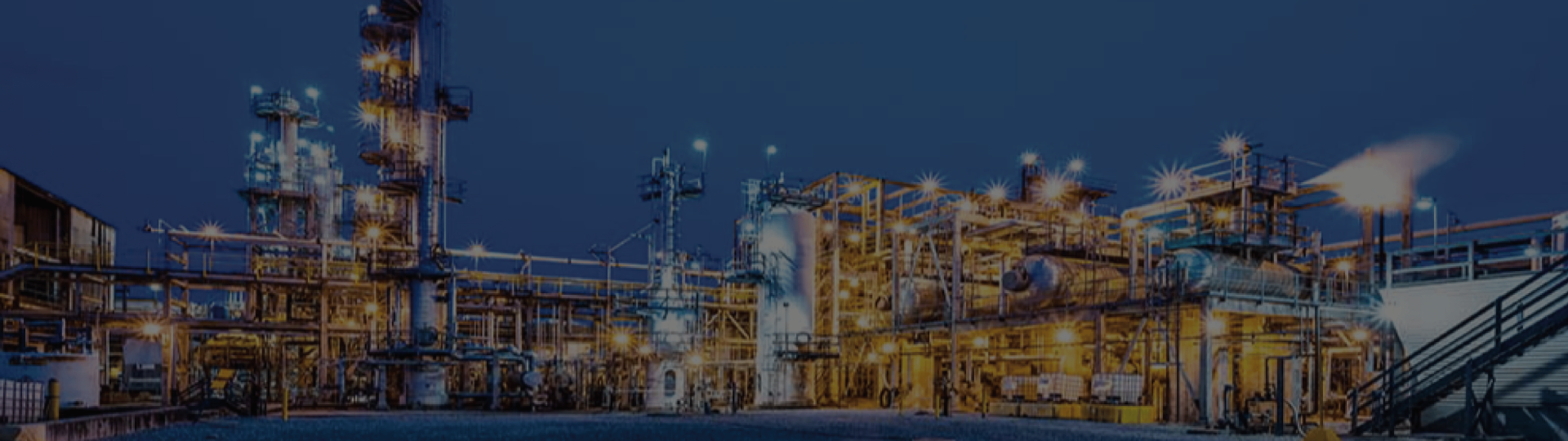Illuminated industrial processing facility operated by Renewable Energy Group, featuring interconnected tanks, piping, and production equipment at night.