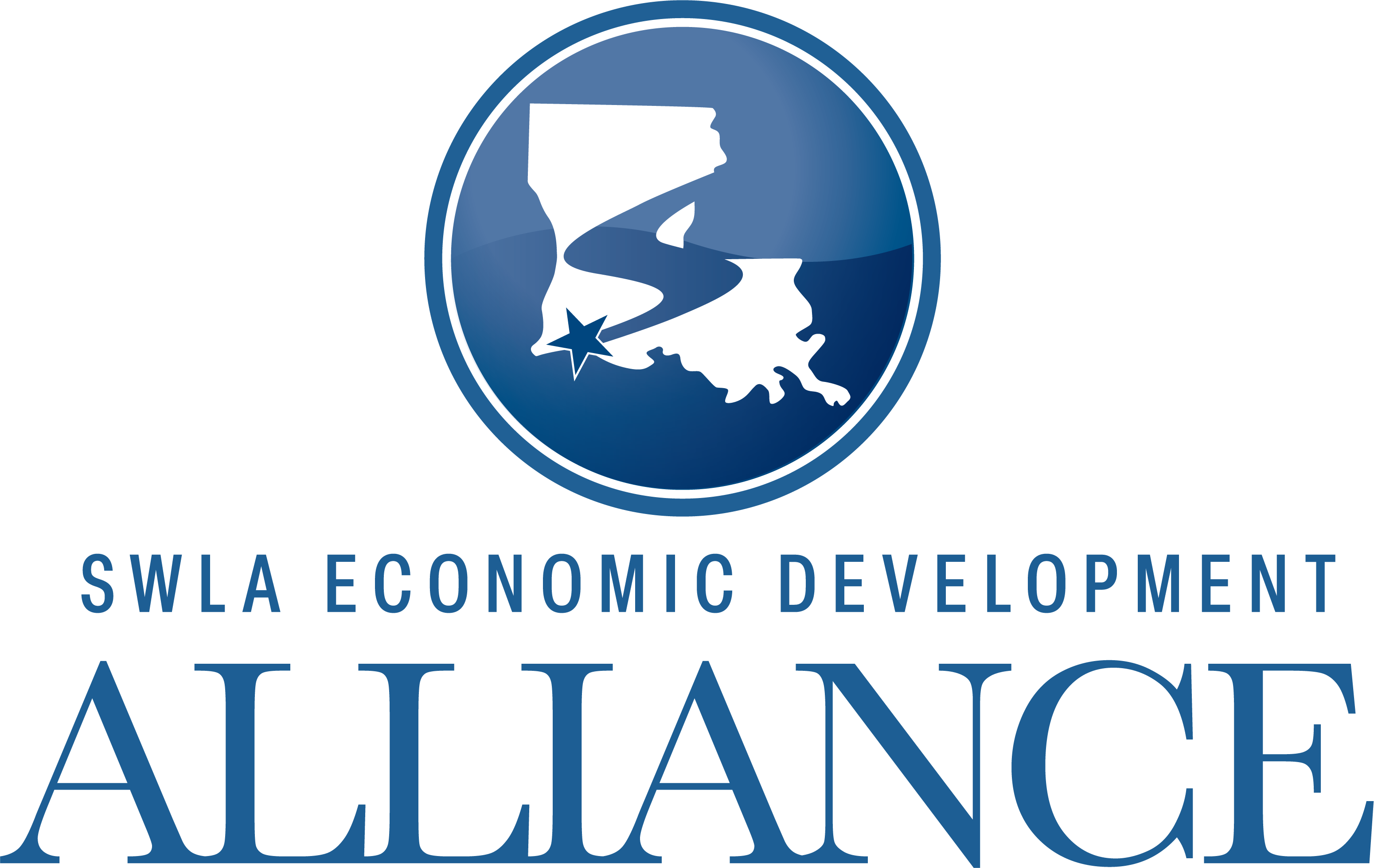 SWLA Economic Development Alliance logo featuring a stylized map of Southwest Louisiana in a blue circular emblem.