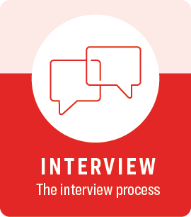 Illustration of two speech bubbles representing candidate interviews and career conversations. Image includes the text "Interview: The interview process."