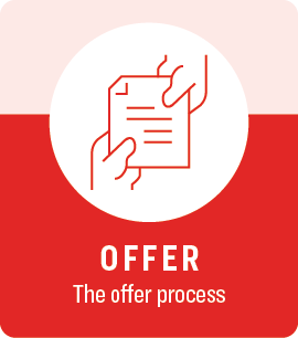 Illustration of hands holding a document representing a job offer. Image includes the text "Offer: The offer process."